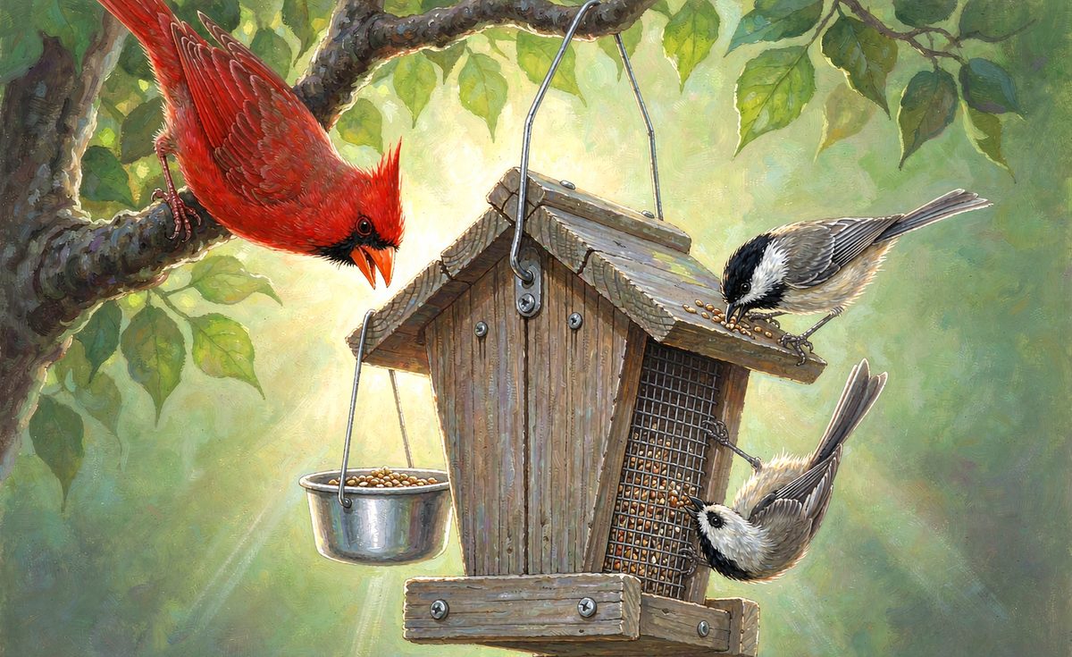 Illustration of songbirds at a backyard bird feeder